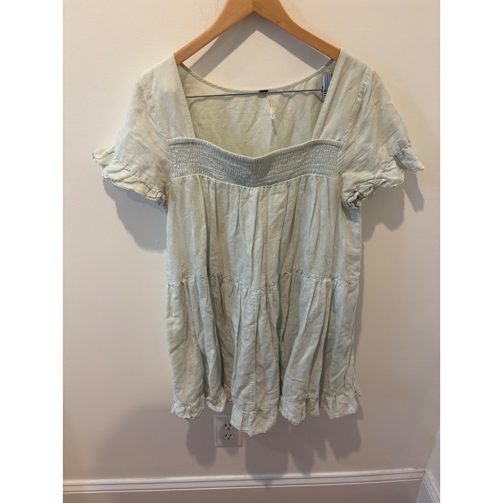 Free People Mint Green Linen Blend Smocked Babydoll Tiered Top Large
